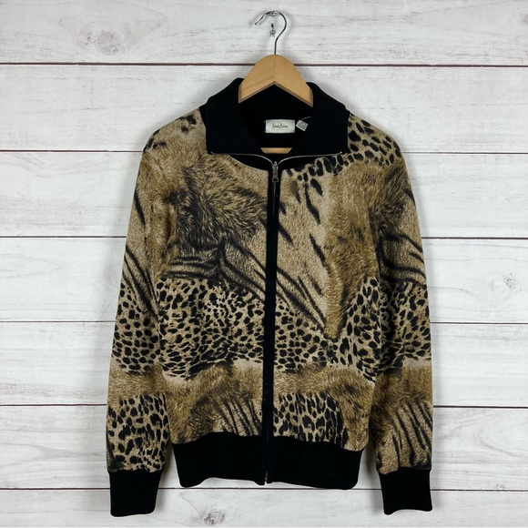 Neiman Marcus Cashmere Animal Print Full ZIP Sweater Fits like Medium
